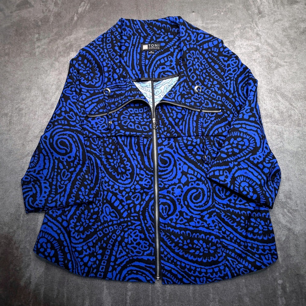 Toni Morgan Jacket Womens PL Blue Black Paisley 3/4 Sleeve Zip Up Lightweight